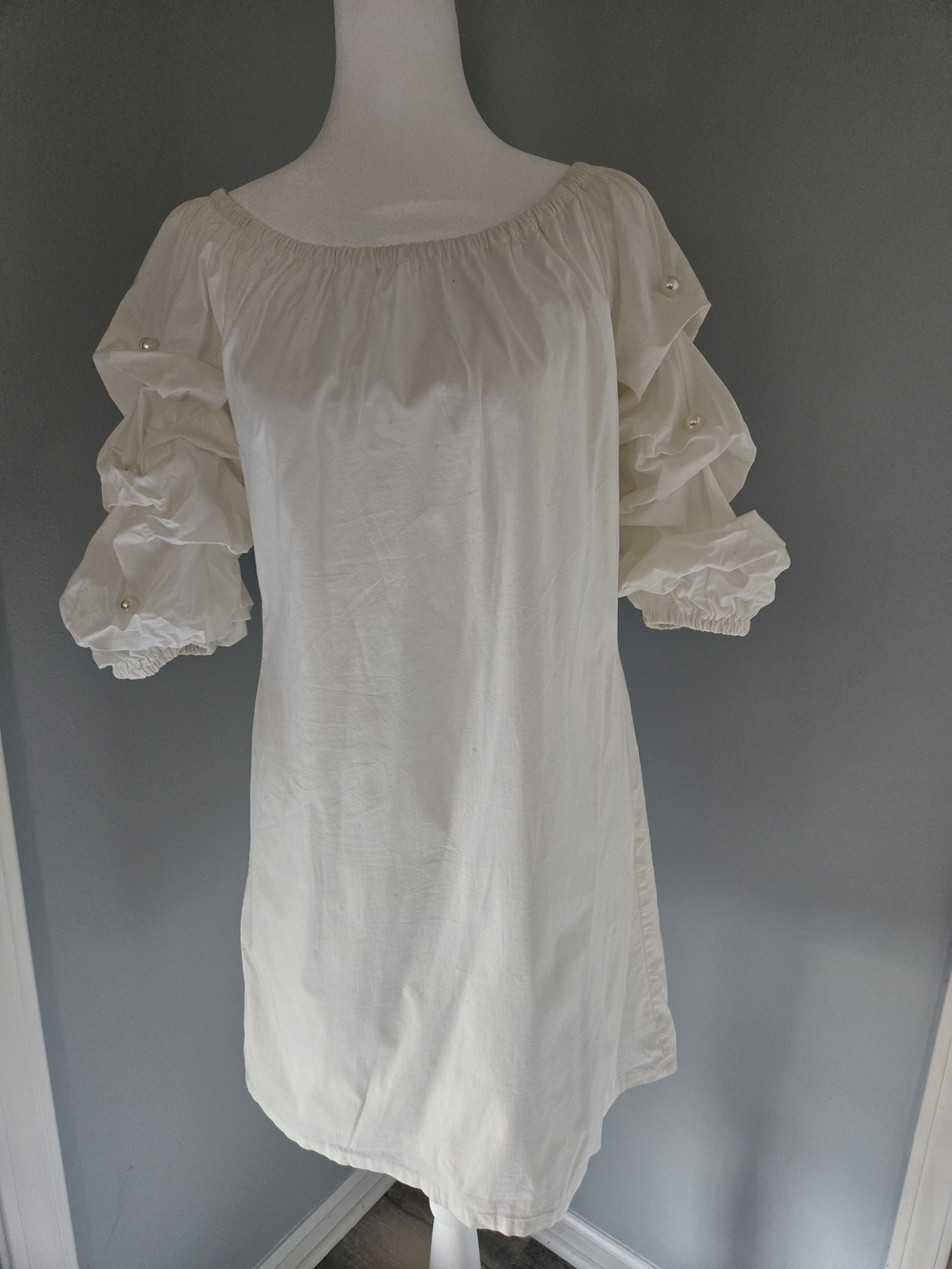 Off-Shoulder Cream Mini Dress with Pearl-Accent Puff Sleeves